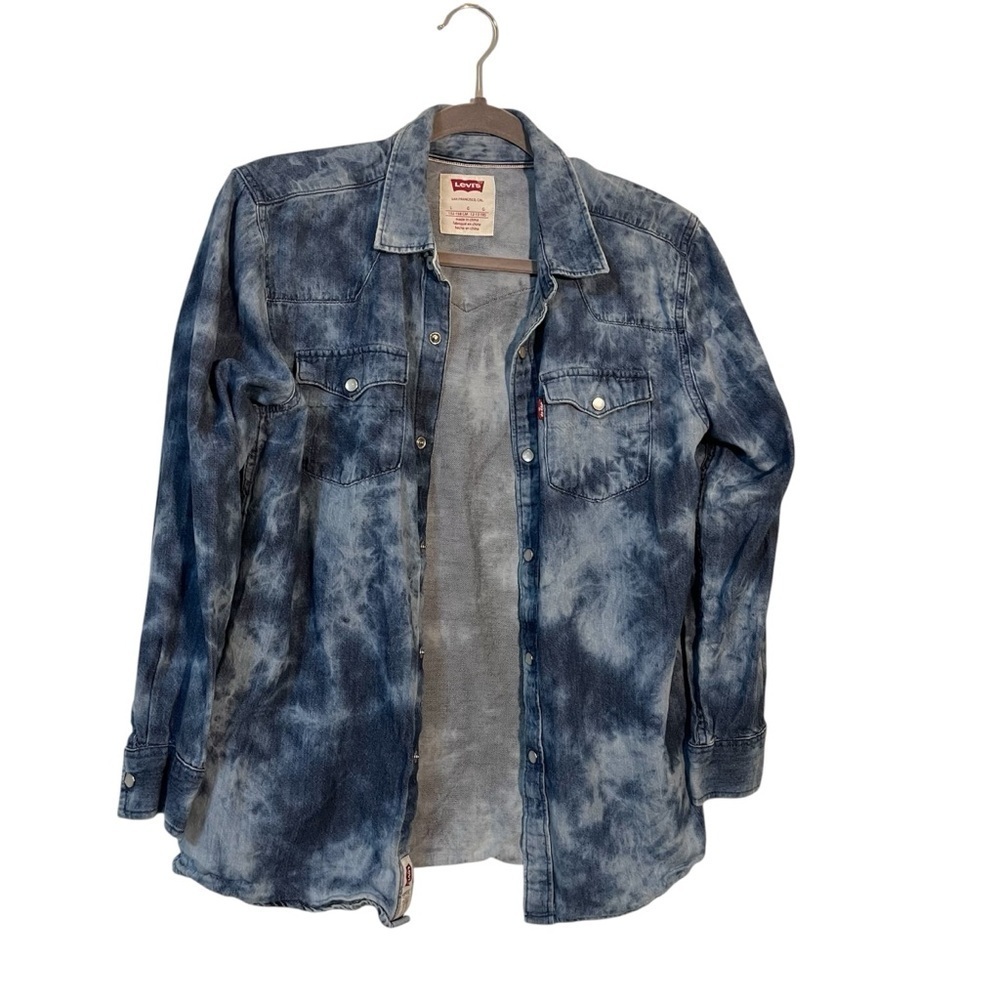 Levi's Blue Tie-Dye Button Down Shirt Size Large Acid Wash Pearl Snaps Layering